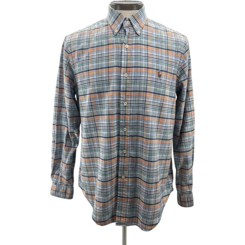 Ralph Lauren Mens Large Plaid Button Down Shirt Blue Orange Long Sleeve